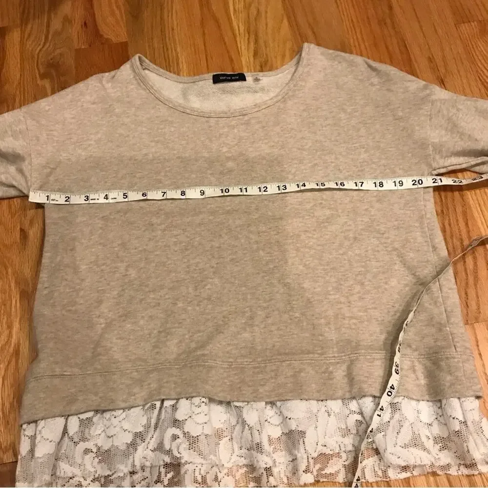 Verve Ami medium Sweater Top Tan Knit Lace Trim Boxy